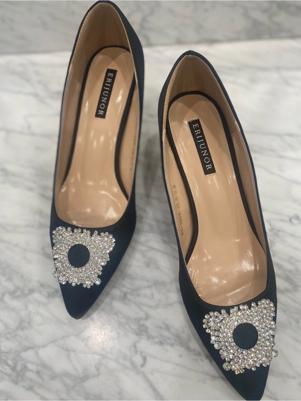 Black Crystal-Embellished Pointed Toe Pumps.
